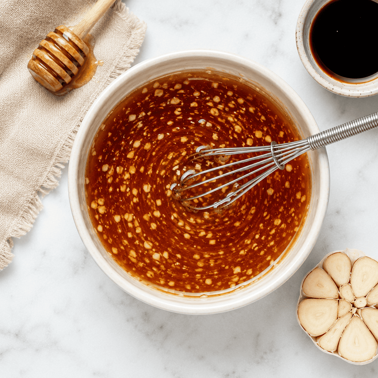 Honey garlic sauce whisked together in a small bowl — glossy and golden