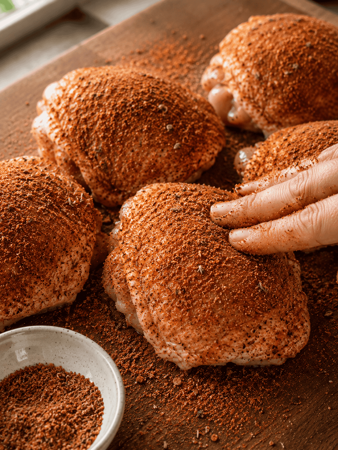 Chicken thighs generously seasoned with smoked paprika, garlic powder and spice mix