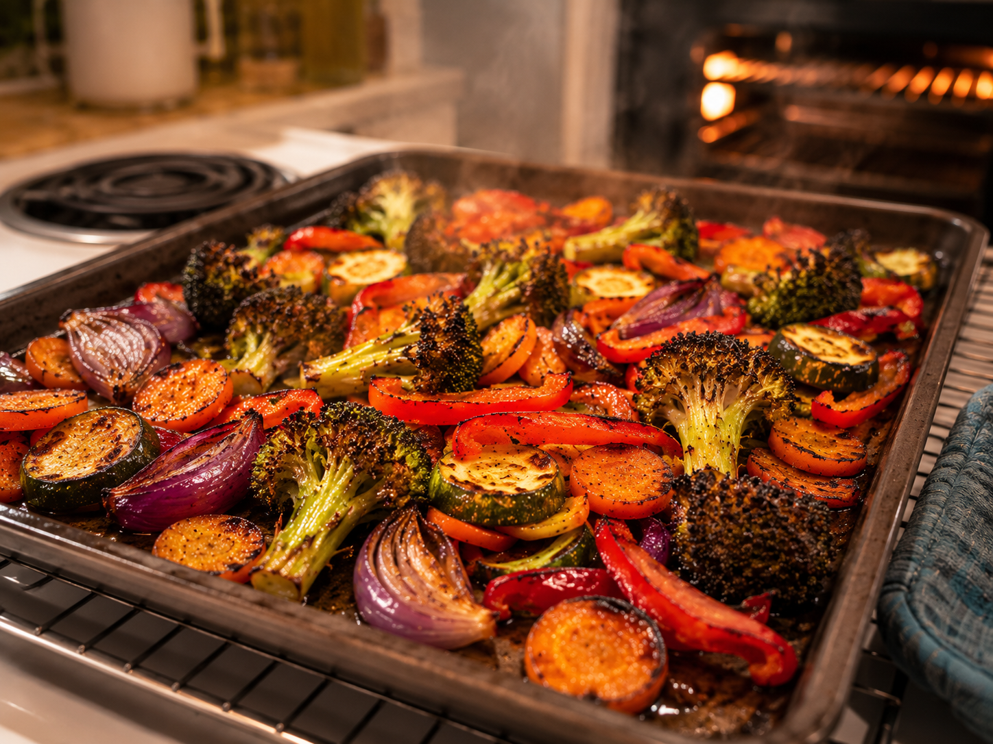 Vegetables tossed with olive oil, smoked paprika and garlic powder in a large mixing bowl &mdash; fully coated and ready for the sheet pan