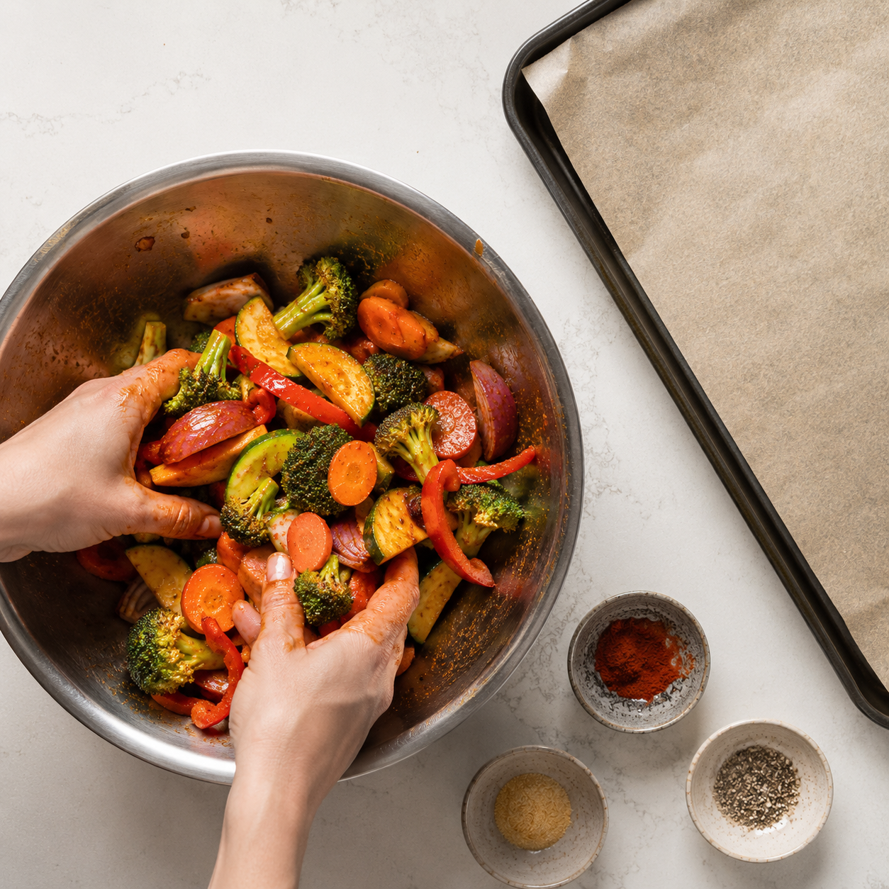 Seasoned vegetables spread in a single layer across a baking sheet &mdash; evenly spaced with room between each piece for proper high-heat roasting