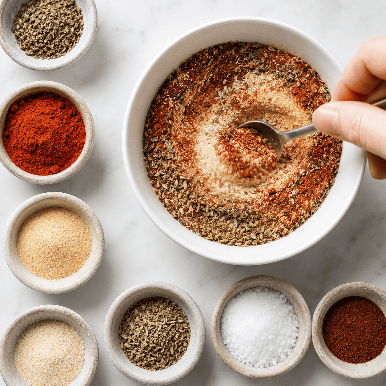Spice rub mixed together in a small bowl — smoked paprika, garlic powder, thyme and seasoning
