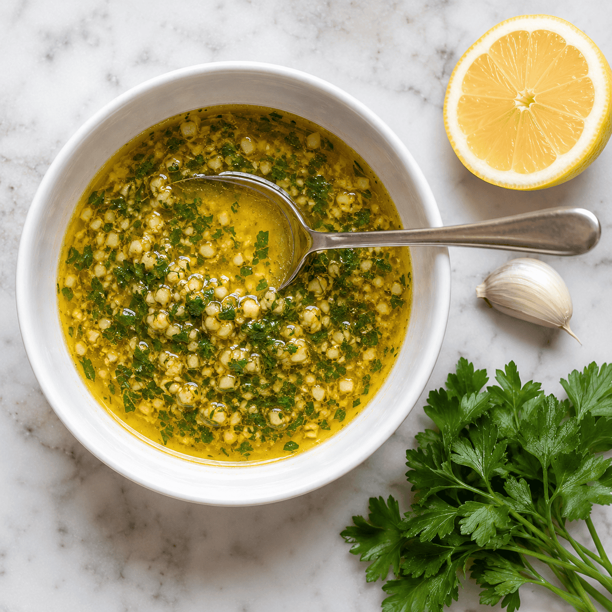 Garlic butter with fresh parsley and lemon juice whisked together in a small bowl