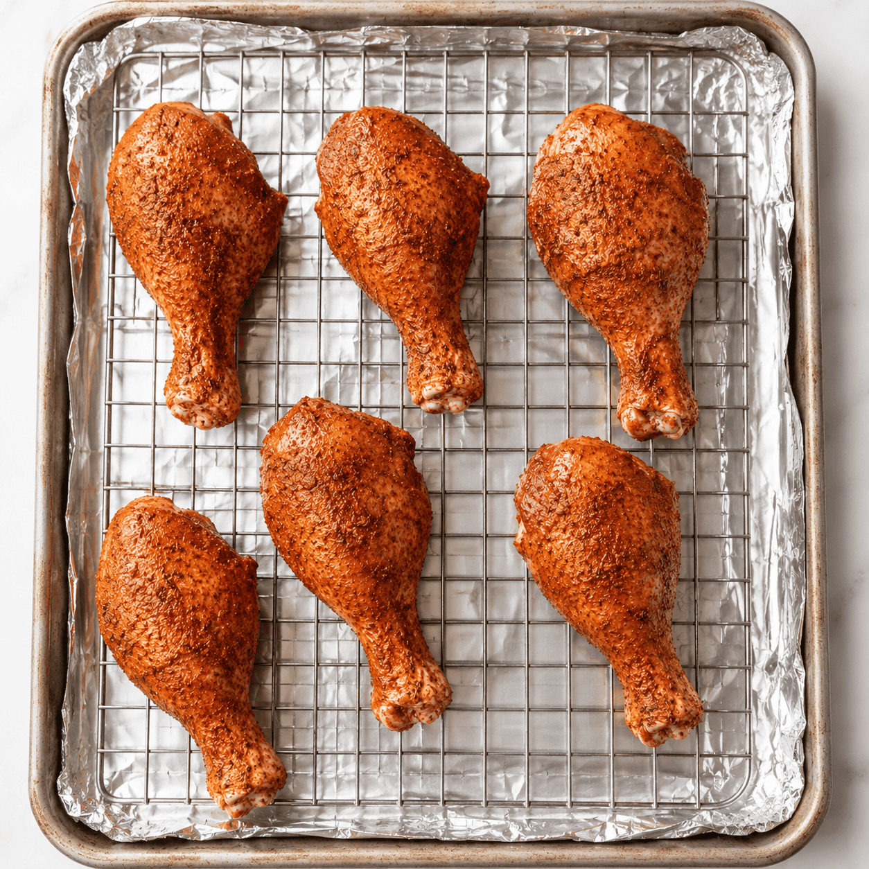 Chicken drumsticks rubbed all over with olive oil and spice mix — coated and ready for the rack