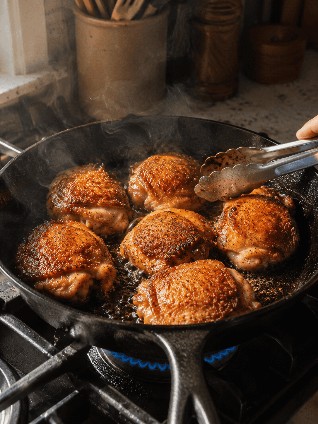 Chicken thighs searing skin-side down in a cast iron skillet — golden and sizzling