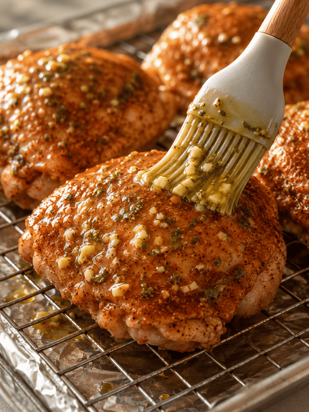 Garlic butter being brushed generously over chicken thighs arranged skin-side up on a wire rack
