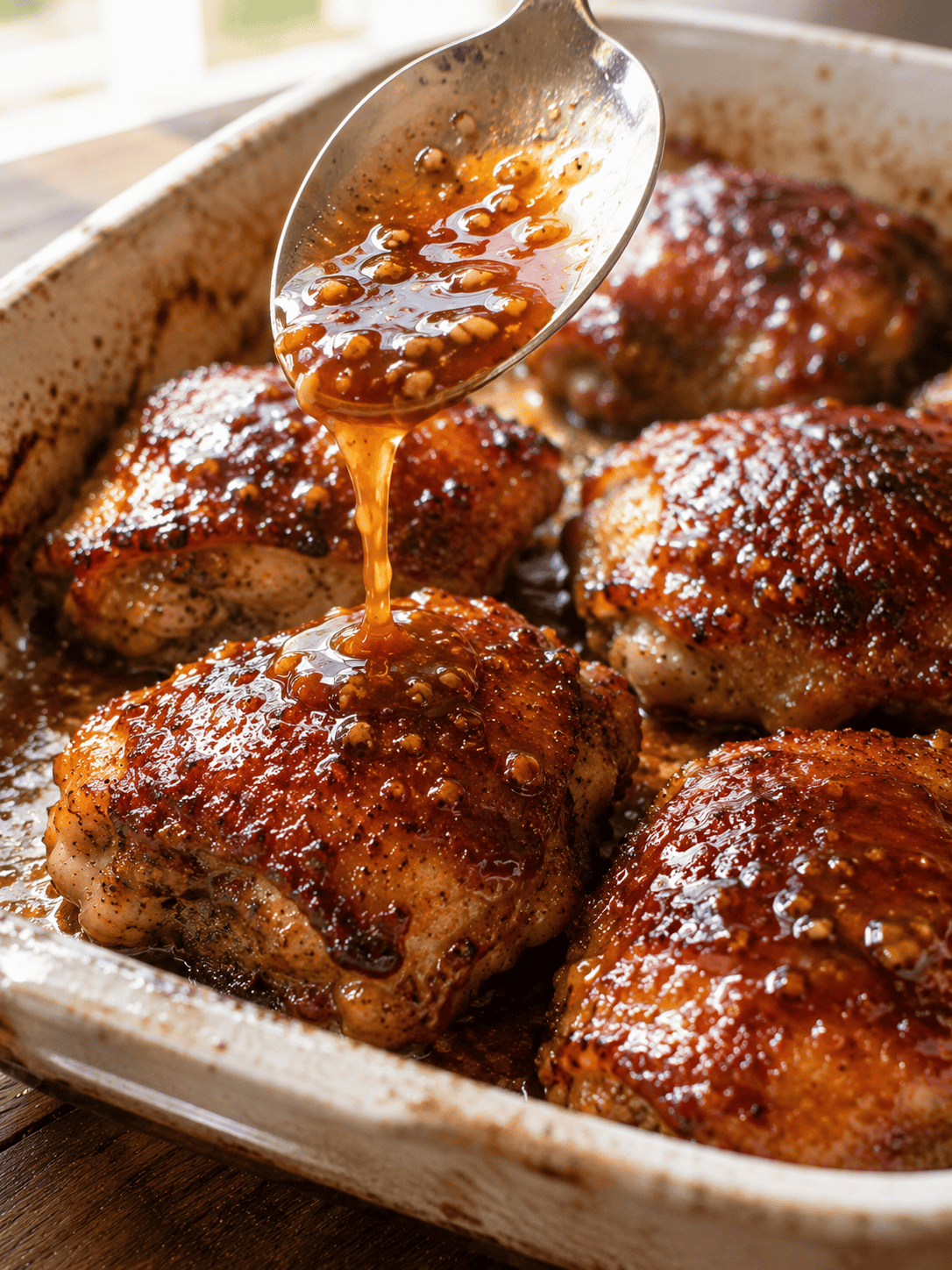 Honey garlic sauce being poured over chicken thighs in a baking dish — fully coated
