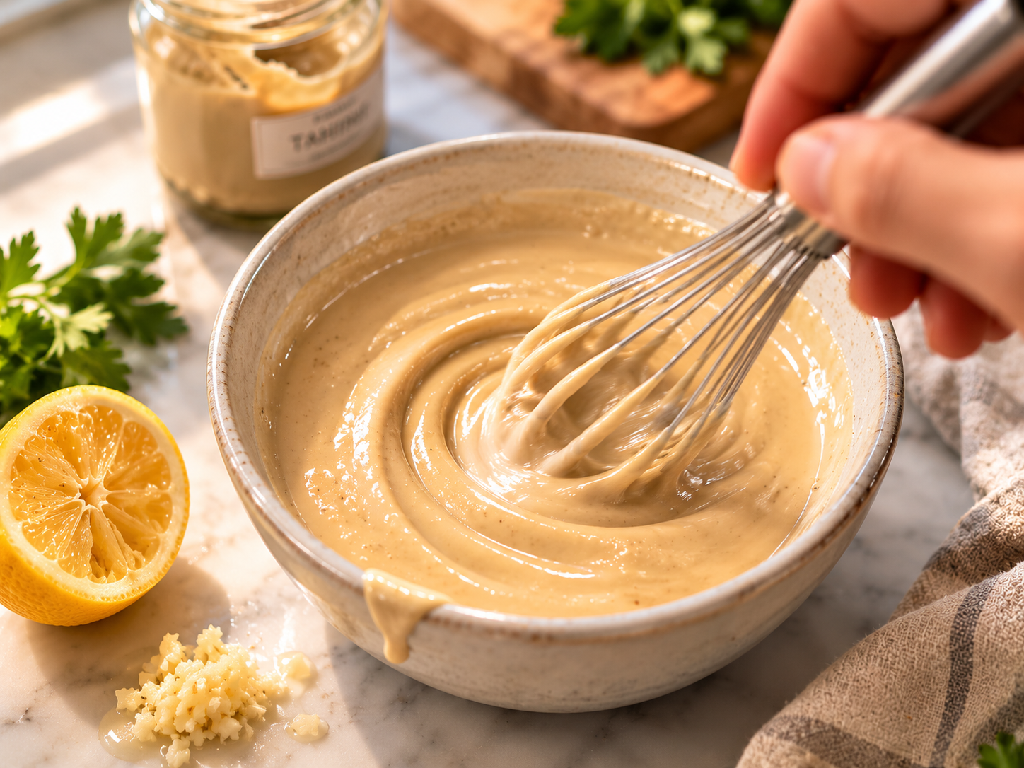 Tahini sauce being whisked in a bowl with fresh lemon juice and minced garlic &mdash; smooth, creamy and drizzleable