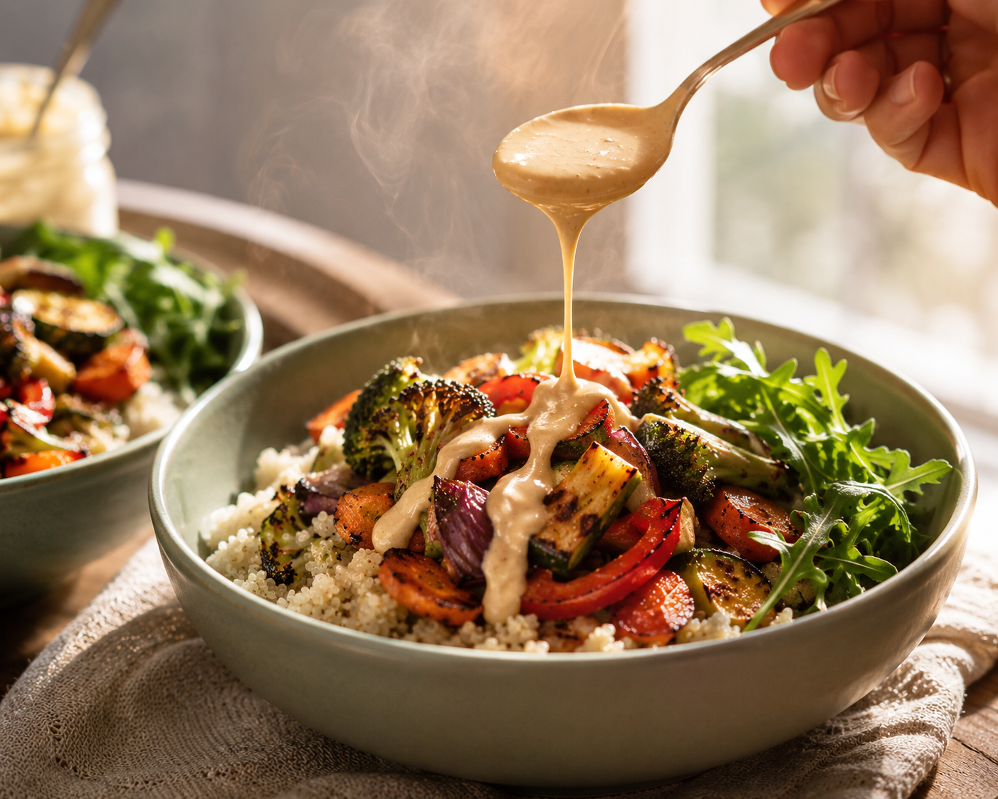 Roasted vegetable bowl assembled with tahini drizzle &mdash; colorful caramelized vegetables over a grain base with golden sauce