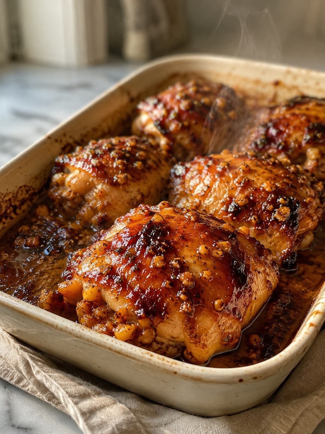 Honey garlic baked chicken thighs resting in a pan — glossy caramelized glaze, golden and sticky