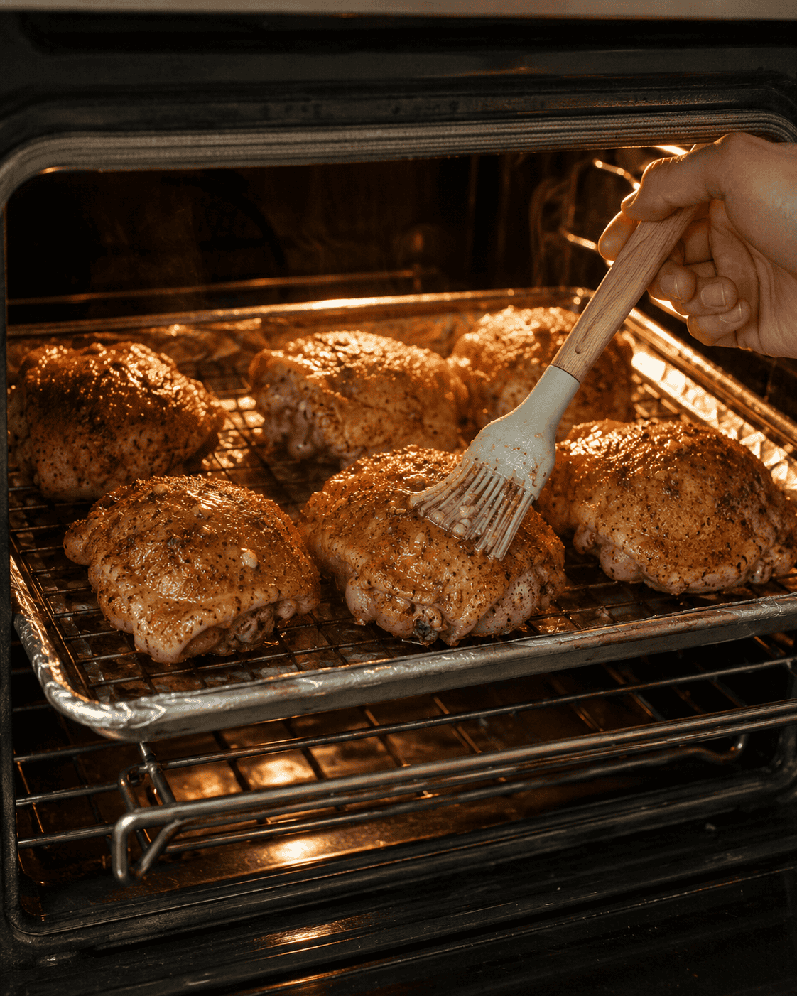 Chicken thighs mid-bake being basted with remaining garlic butter — skin starting to turn golden