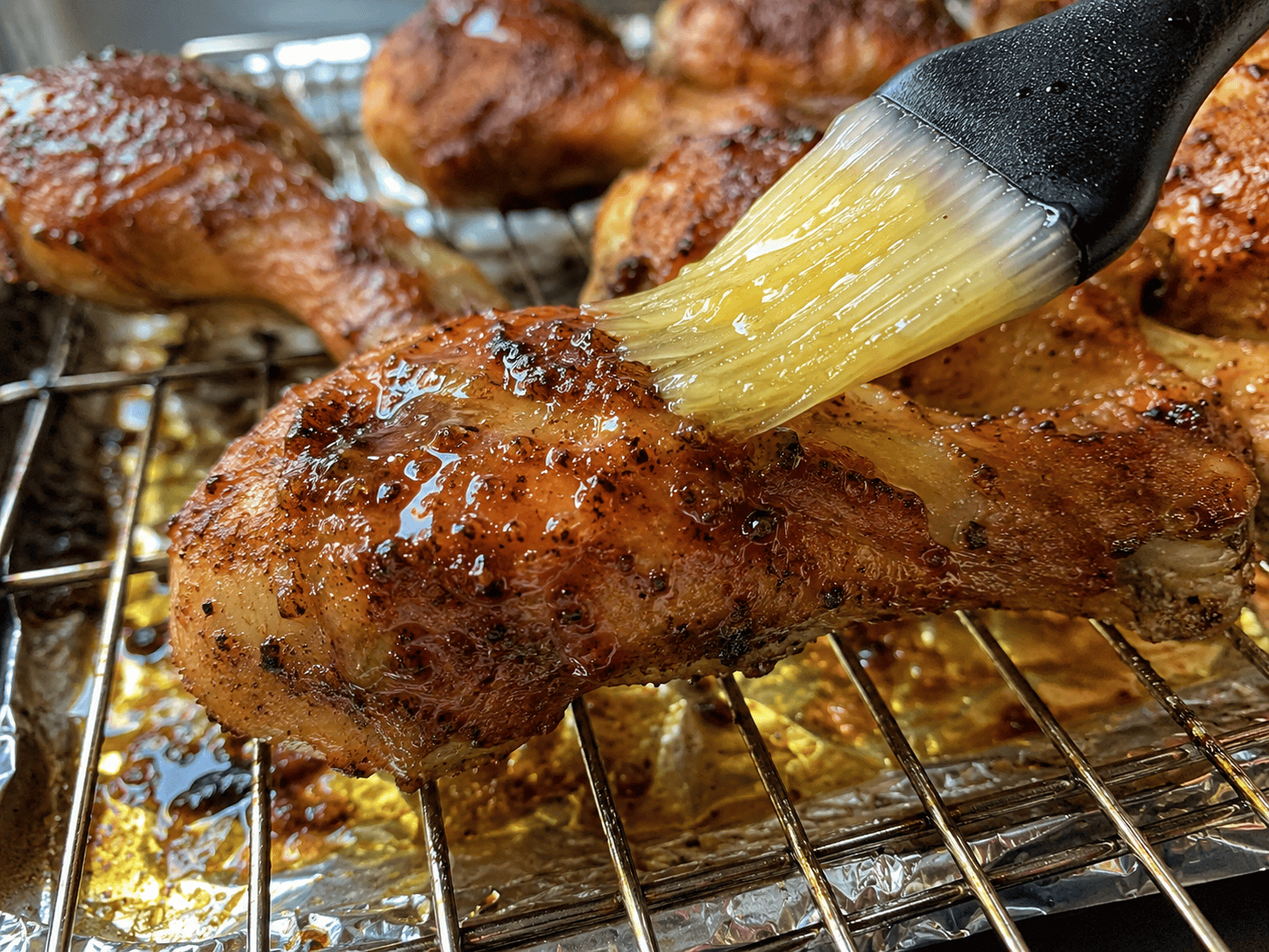 Melted butter being brushed over golden baked chicken drumsticks in the last 5 minutes