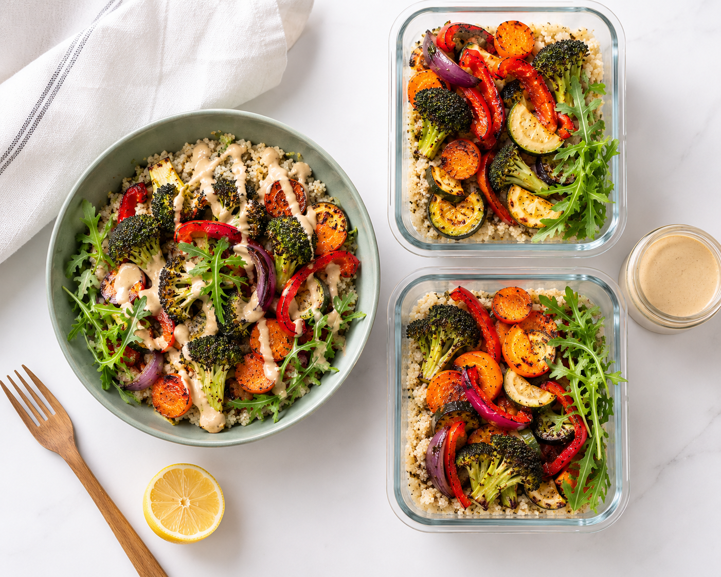 Roasted vegetable bowls portioned into meal prep containers &mdash; ready to grab and go throughout the week with sauce stored on the side