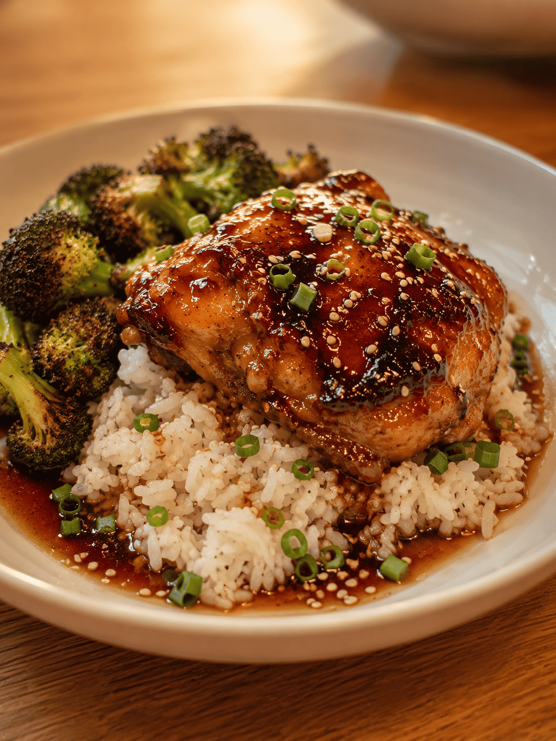 Rested honey garlic chicken thighs with pan sauce being spooned over the top — glossy and golden