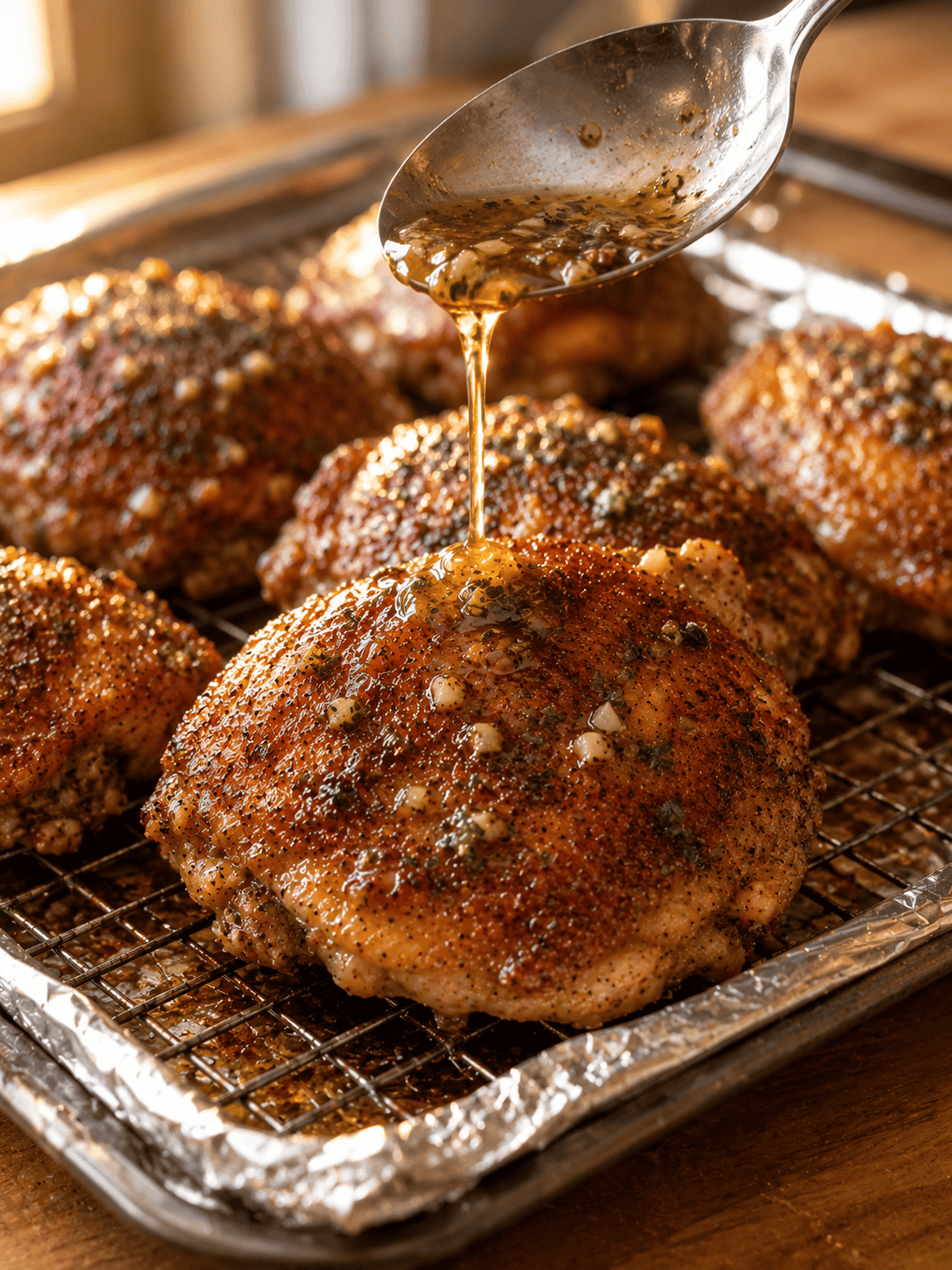 Pan drippings being spooned over rested crispy garlic butter chicken thighs before serving
