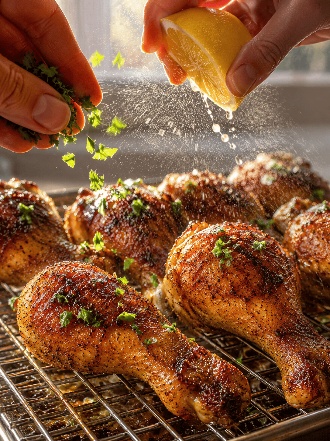 Crispy baked chicken legs fresh from the oven — deeply golden skin, seasoned all over and glistening
