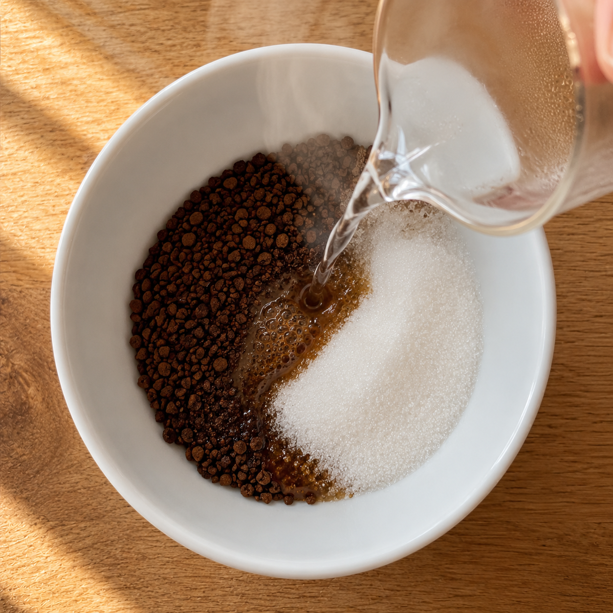 Instant coffee, sugar and hot water measured and combined in a bowl — ready to whip