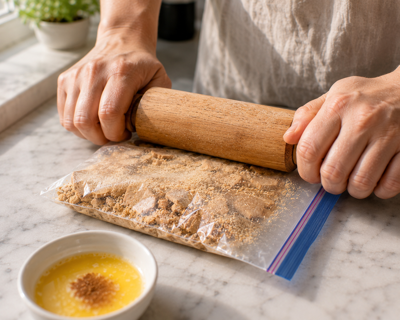 Crushing graham crackers and mixing with butter to form the crust base for the cheesecake jars