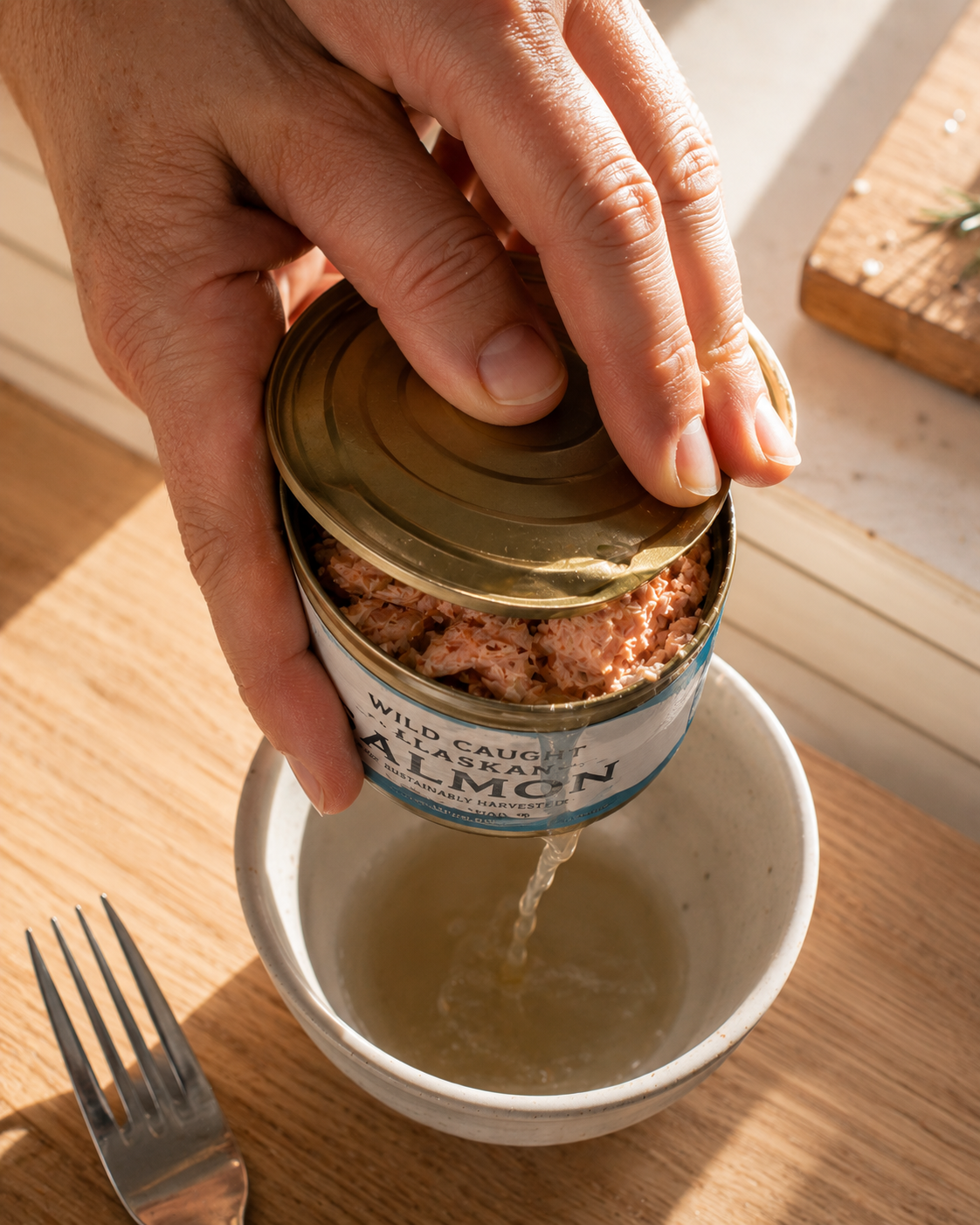 Draining canned salmon and pressing out excess liquid with a spoon