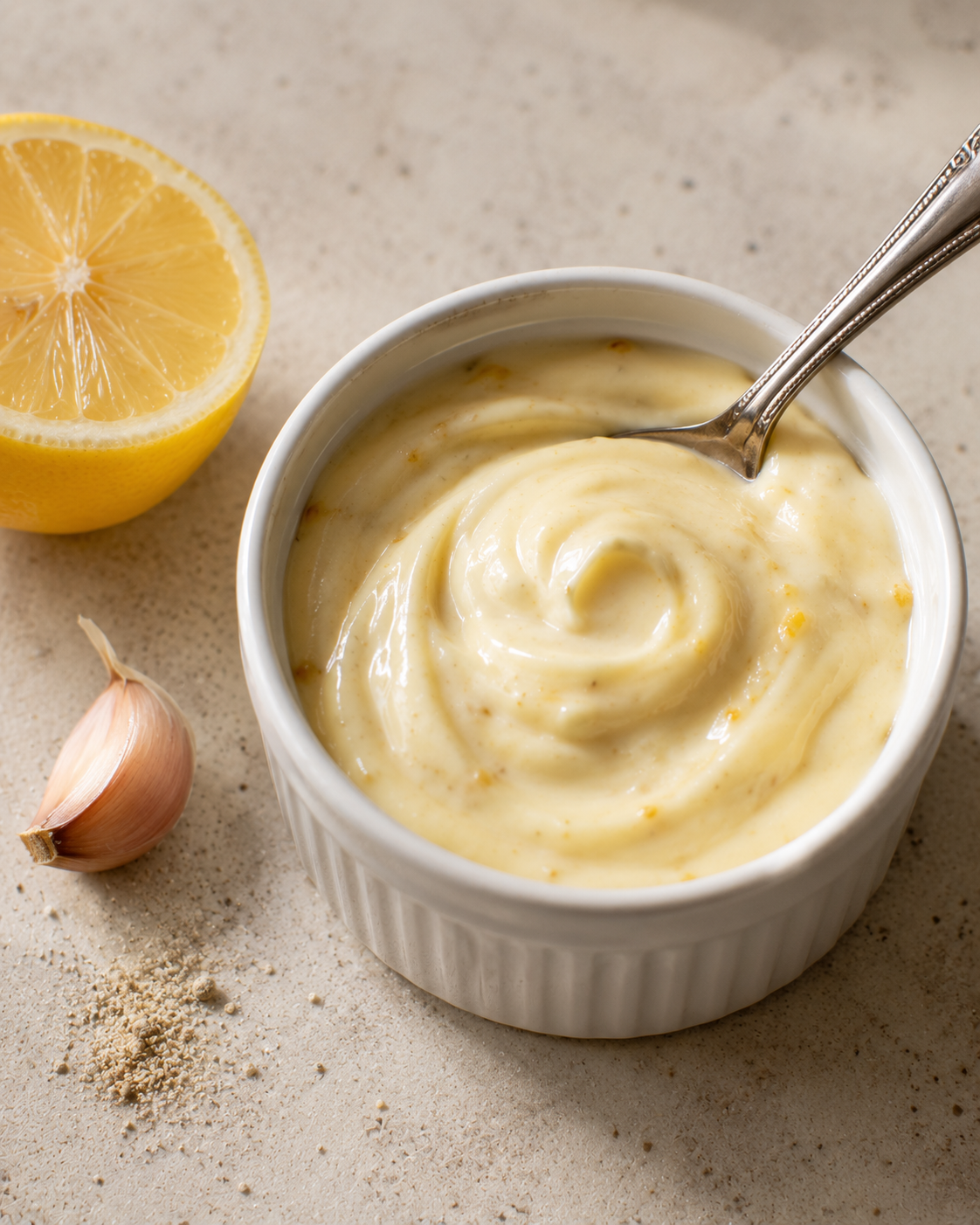 Lemon aioli freshly mixed in a small bowl — creamy, bright and ready to chill