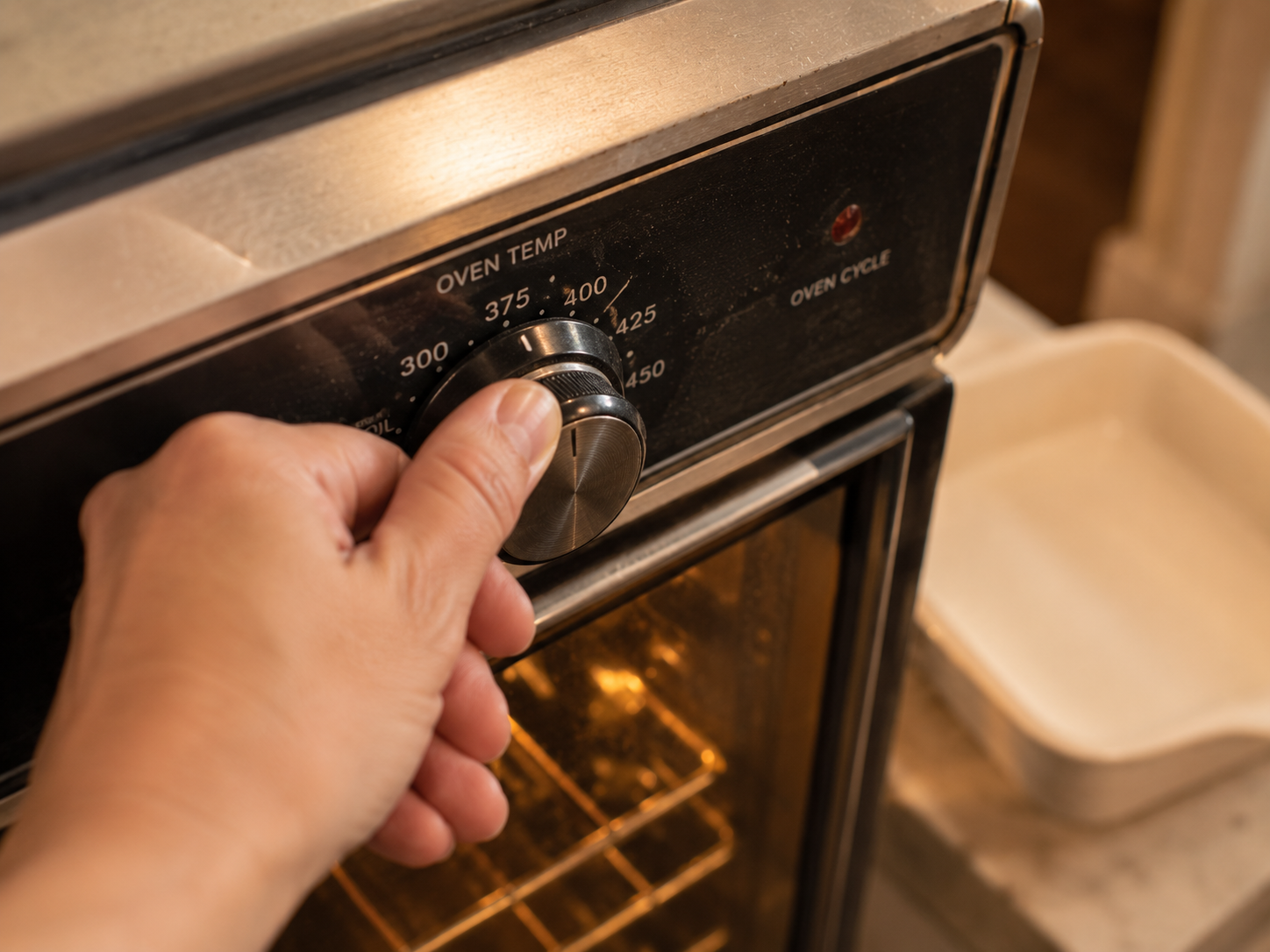 Oven preheating to 375°F — ready for the cheesy dip to go in