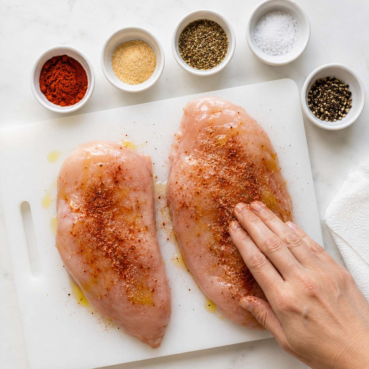Chicken breasts being seasoned with smoked paprika, garlic powder and Italian seasoning on both sides
