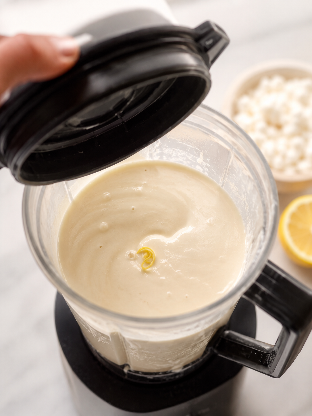 Blending cottage cheese, Greek yogurt, cream cheese and lemon until completely smooth