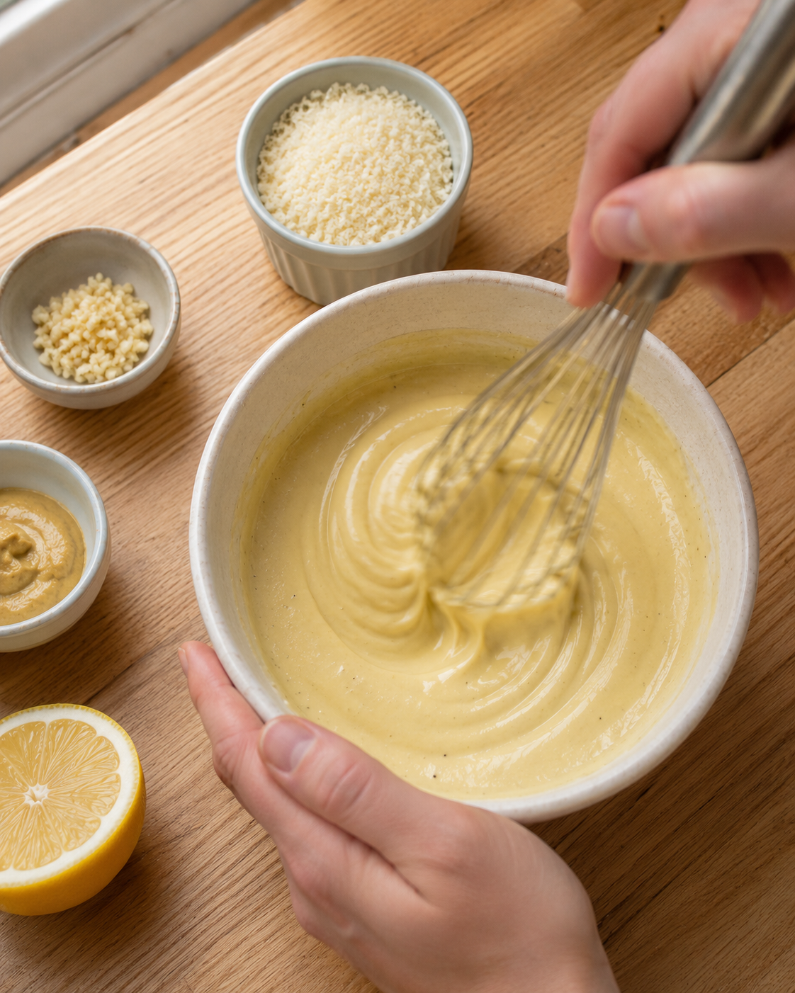 Whisking together homemade Caesar dressing in a bowl — creamy, golden and garlicky