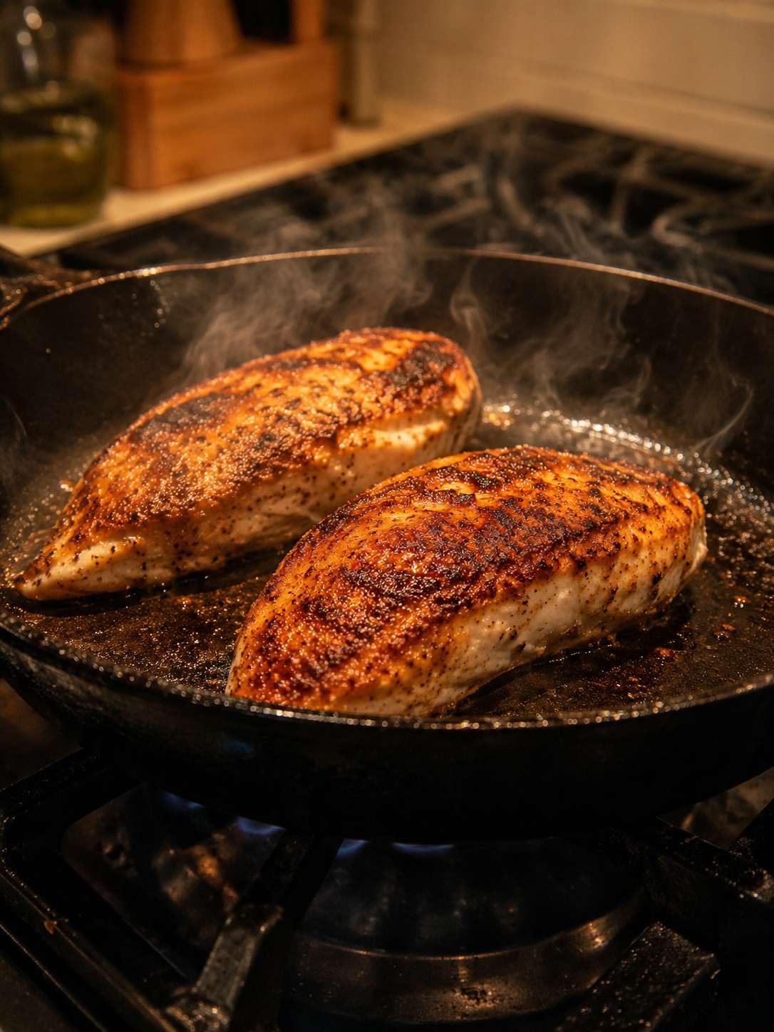 Seasoned chicken breast searing in a hot cast iron skillet — golden crust forming on the bottom