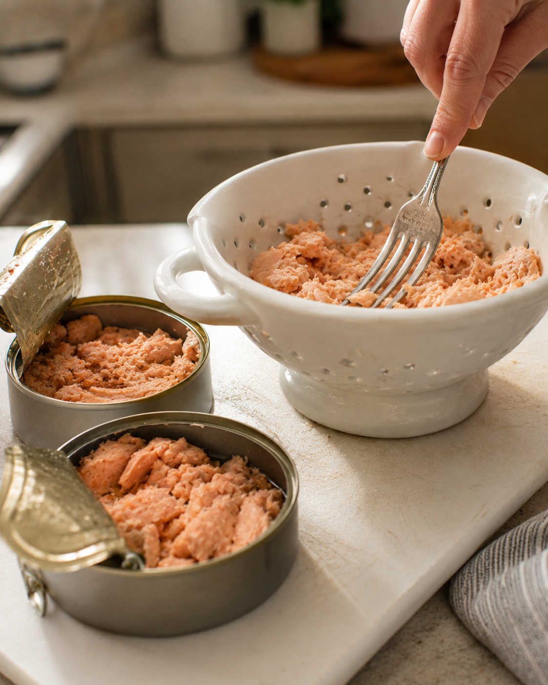Pressing canned salmon against a strainer with a fork to remove all excess moisture