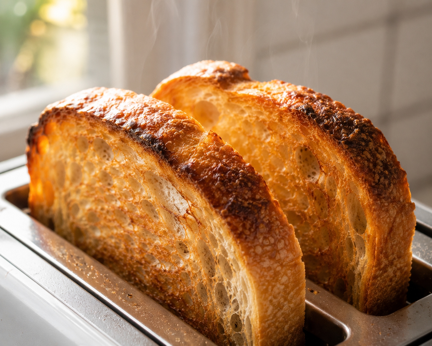 Golden sourdough toast with crisp crust and slight steam rising — perfect base for ricotta