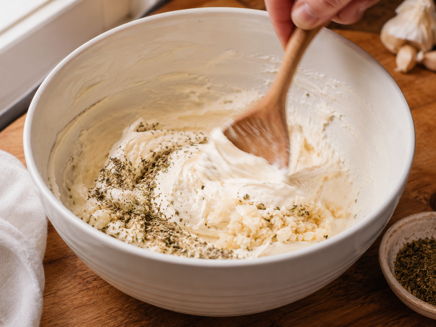 Cream cheese, sour cream, mayo and garlic mixed together in a bowl until smooth