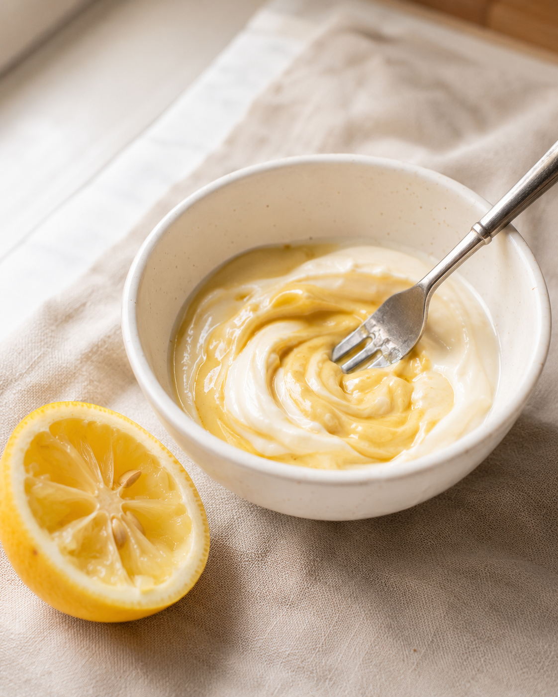 Mixing mayo, Dijon mustard and lemon juice together as the base dressing
