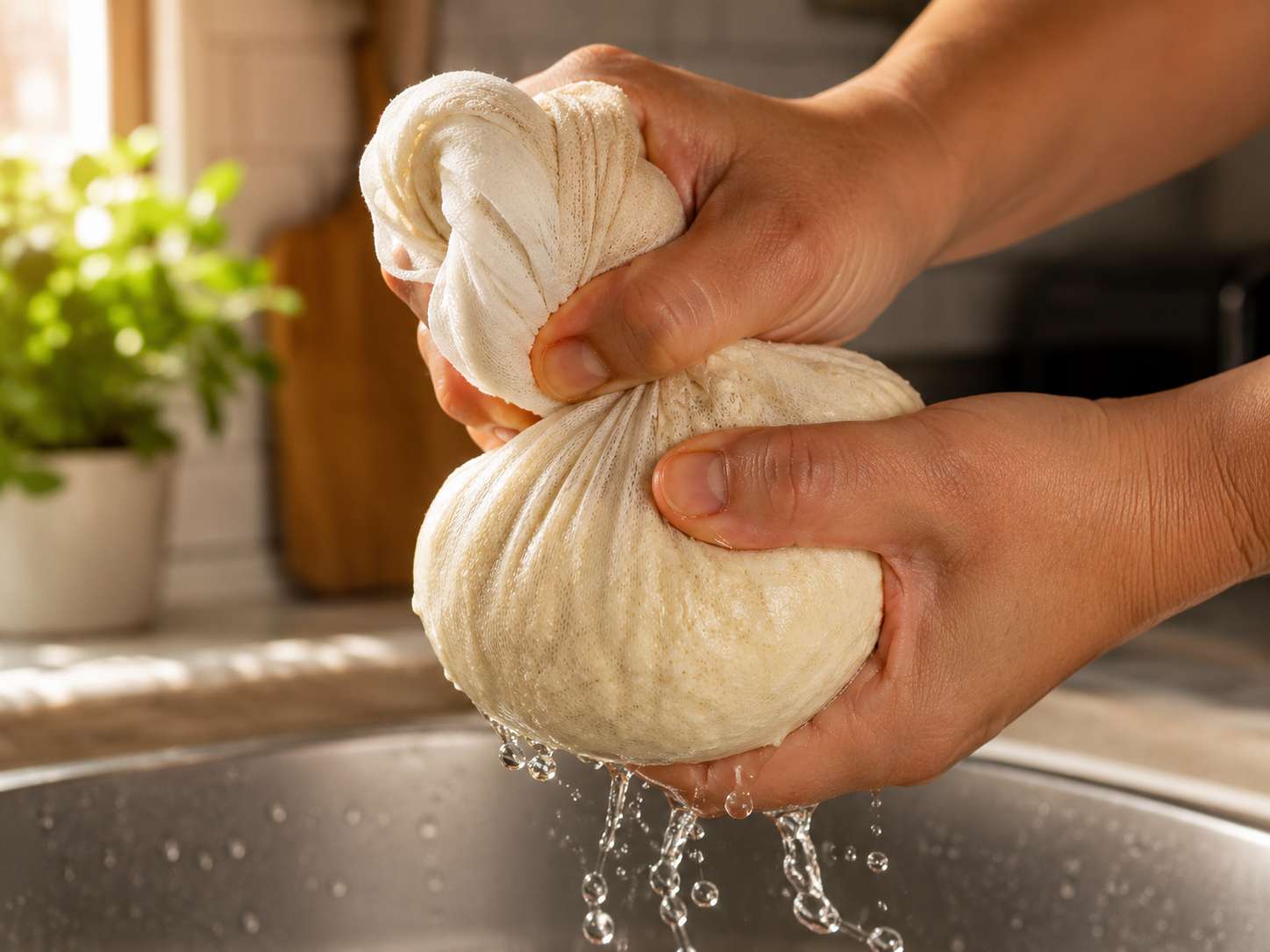 Squeezing cooked riced cauliflower through a clean kitchen towel to remove all moisture