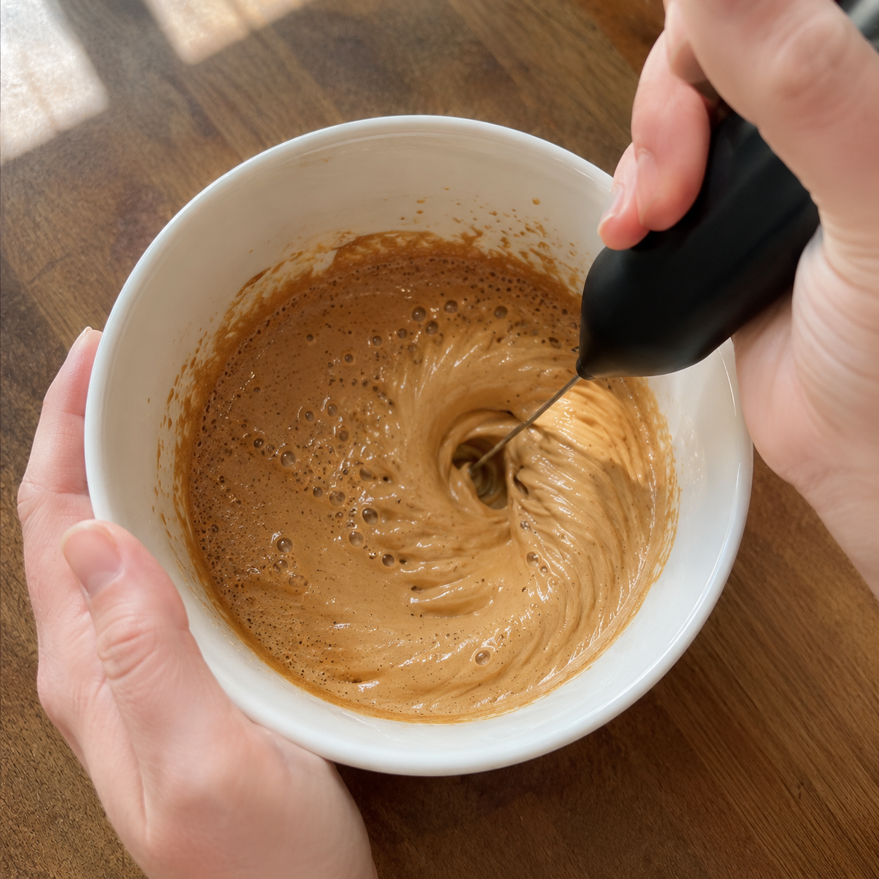 Whipping the instant coffee mixture into a thick, glossy, caramel-colored foam with stiff peaks