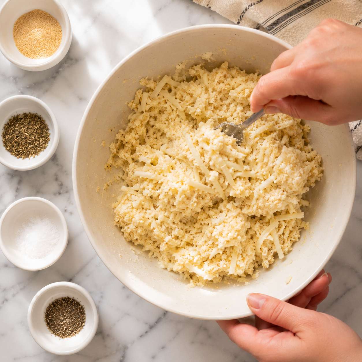 Cauliflower dough mixed together in a bowl with egg, mozzarella and parmesan — soft and slightly sticky