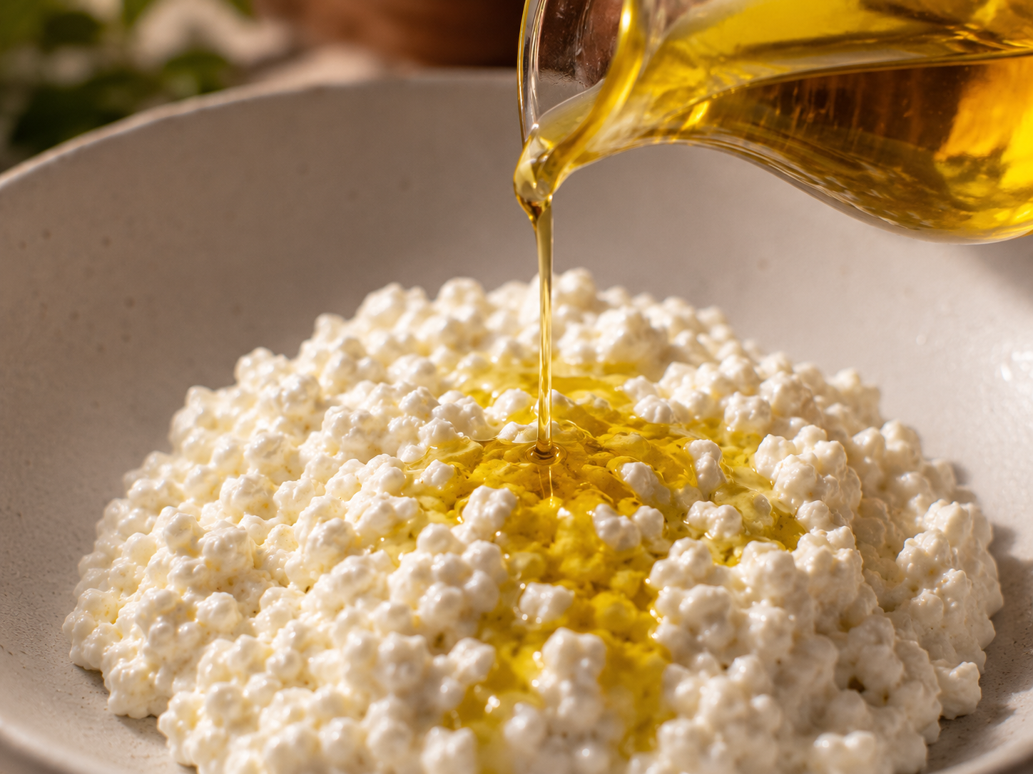 Drizzling extra virgin olive oil over cottage cheese in the bowl
