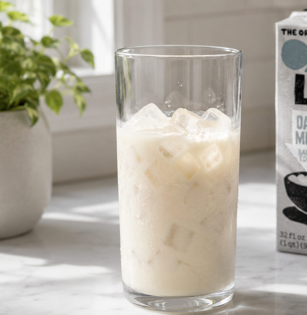 Tall glass filled with ice and cold milk — three-quarters full, leaving space for the whipped cloud