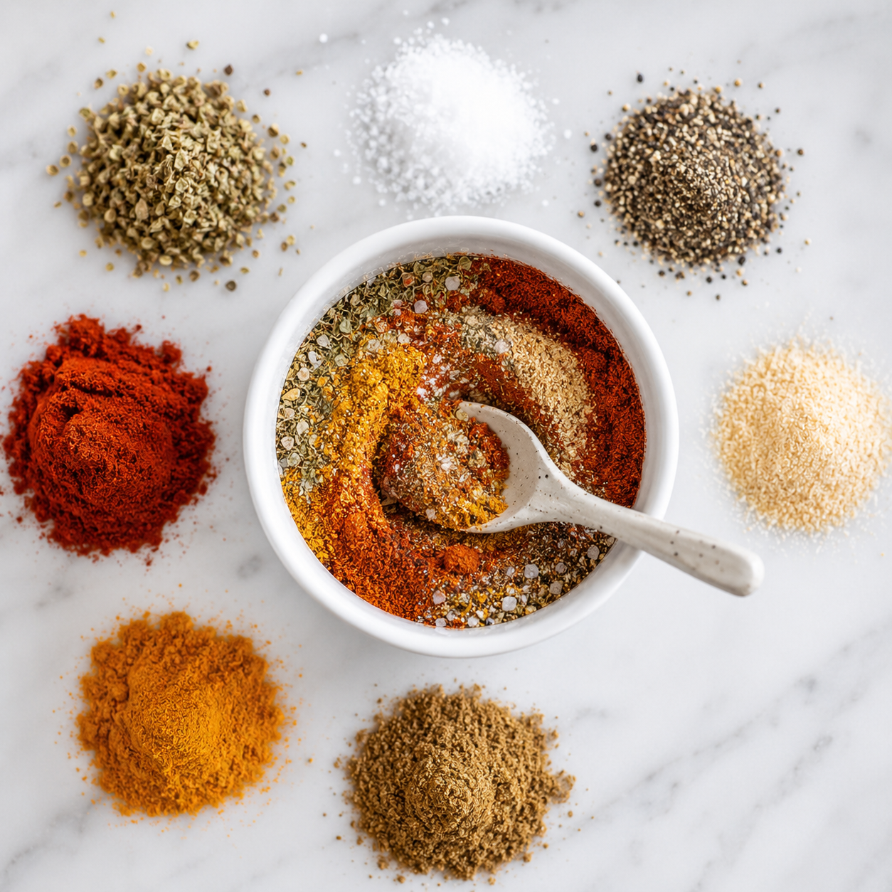 Mediterranean spice blend mixed together — smoked paprika, cumin, turmeric and garlic powder
