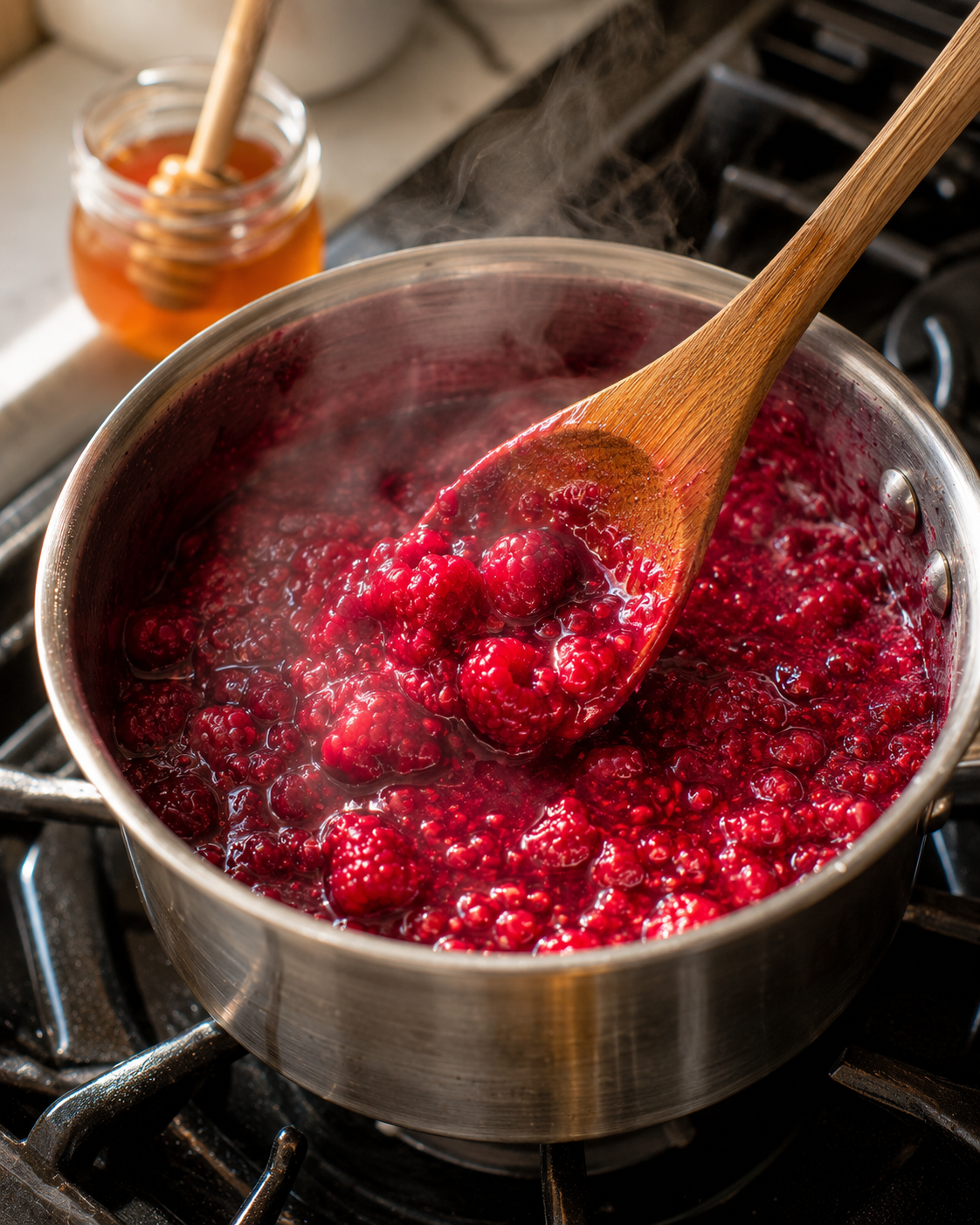 Raspberry compote simmering in a saucepan — pink, glossy and thickening