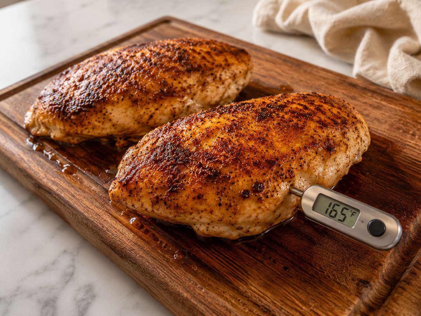 Cooked chicken breast resting on a cutting board for 5 minutes before slicing