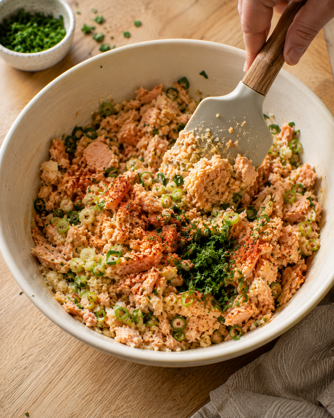 Salmon fritter mixture fully combined in a bowl — ready to shape into patties