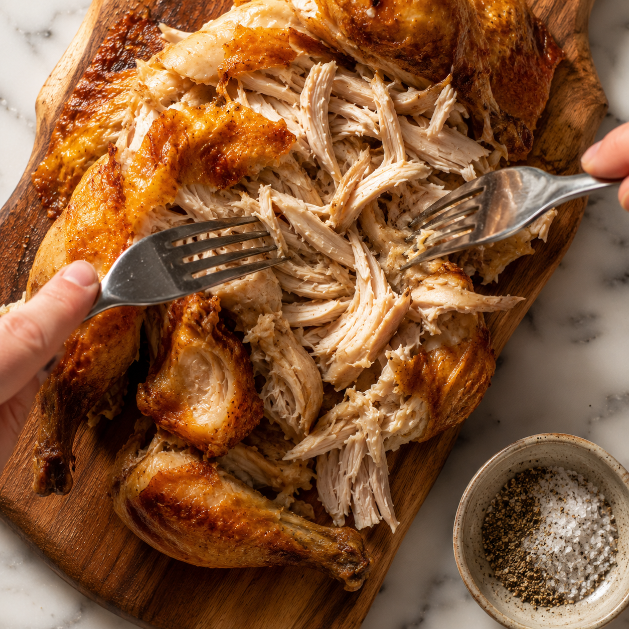 If using rotisserie chicken, shred it with two forks. Season lightly with salt and pepper if needed