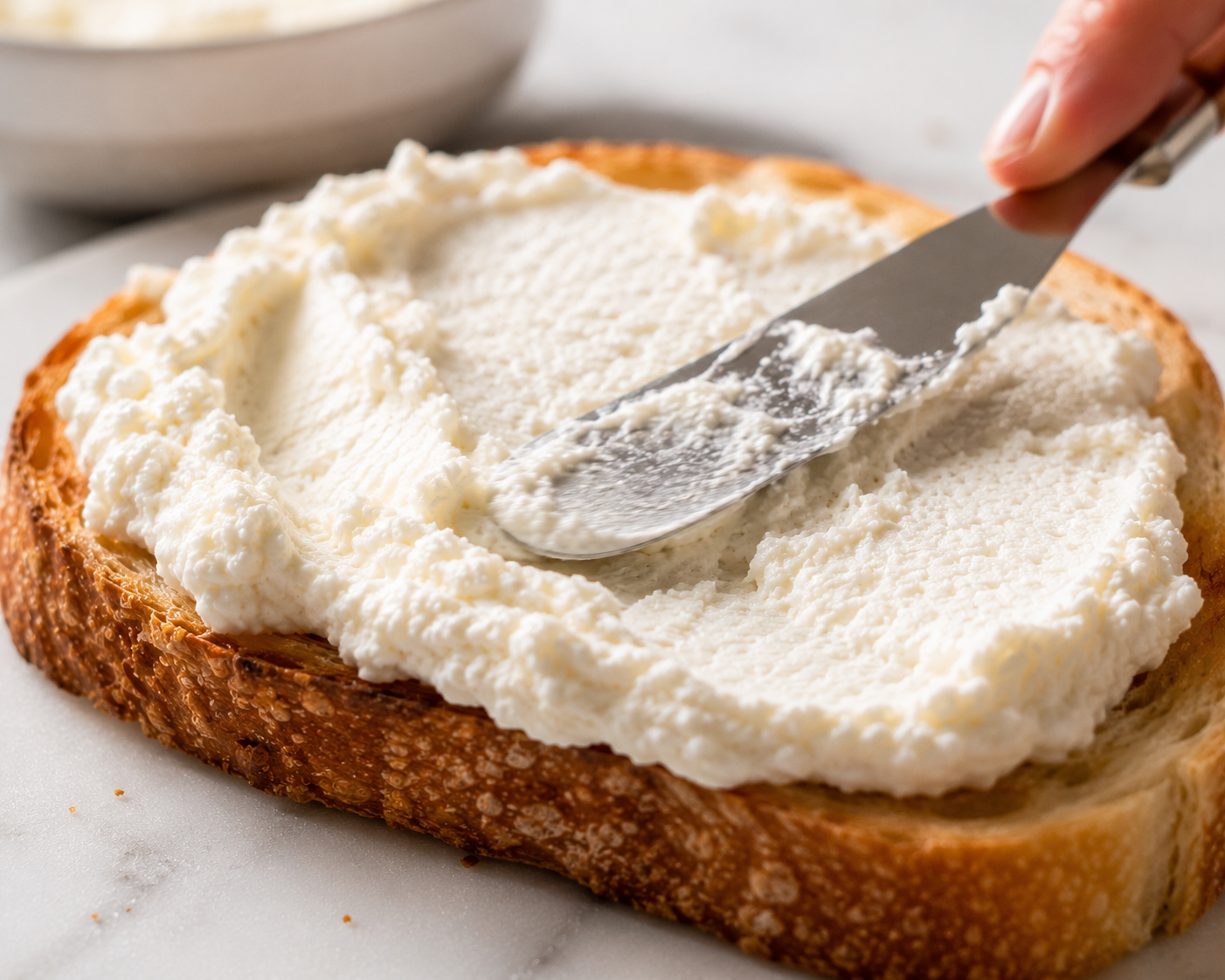 Spreading a thick generous layer of whipped ricotta over warm sourdough toast with a butter knife