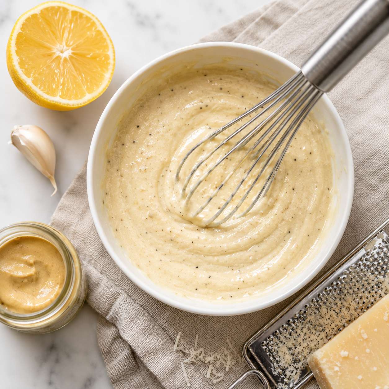 Homemade creamy caesar dressing being whisked together in a bowl — smooth, tangy and pale golden