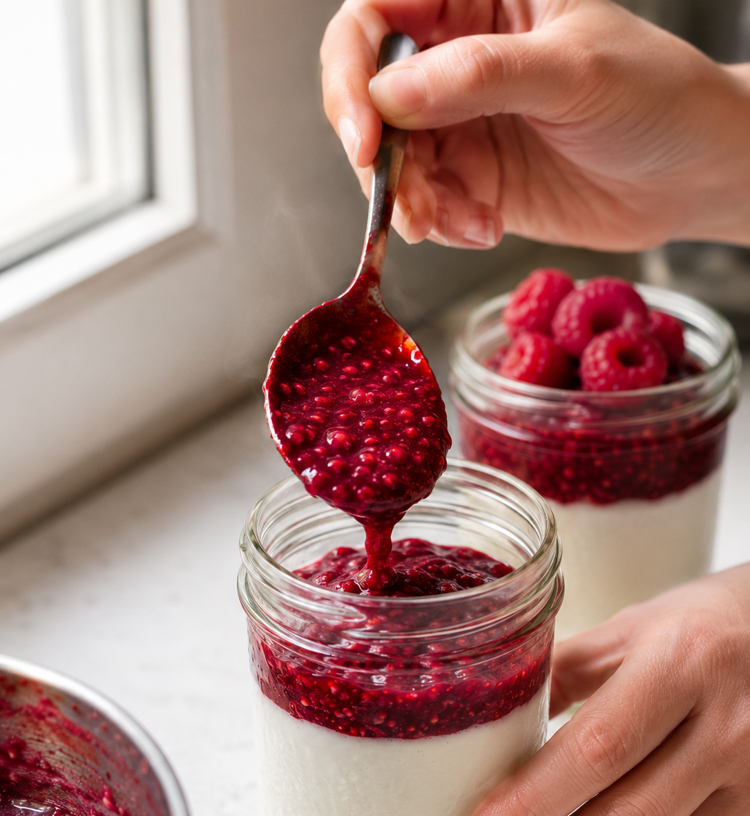 Layering the raspberry compote over the creamy cheesecake layer in glass jars