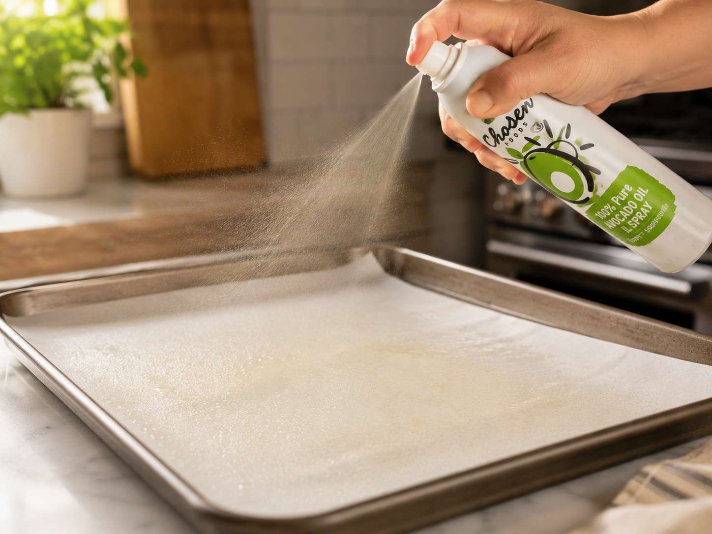 Baking sheet lined with parchment paper and sprayed with olive oil — ready for the sticks