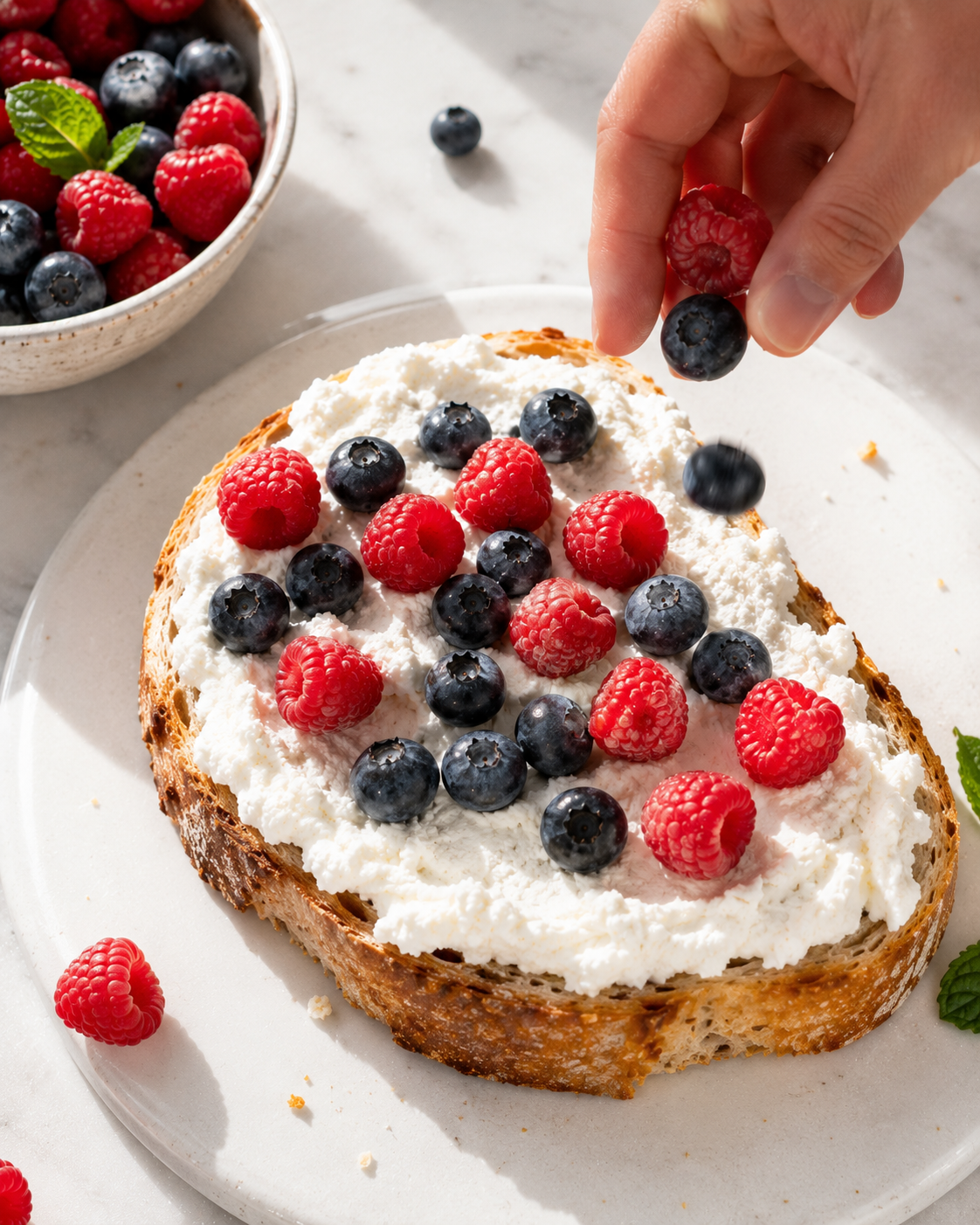 Scattering fresh blueberries, raspberries and sliced strawberries over whipped ricotta toast — overhead view