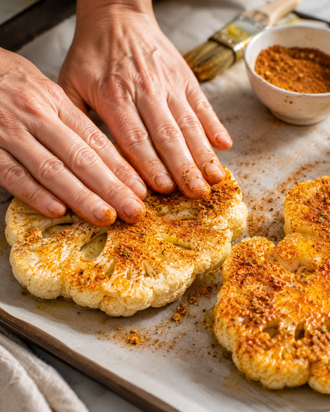 Cauliflower steaks brushed with olive oil and pressed spice blend — ready for the oven