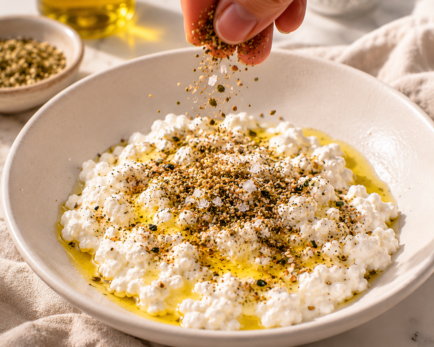 Sprinkling za'atar and flaky sea salt over the olive oil-drizzled cottage cheese