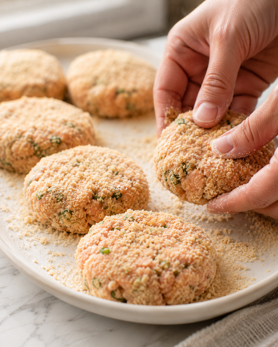 Shaping salmon fritter patties by hand — uniform thickness, pressed in extra panko for crust